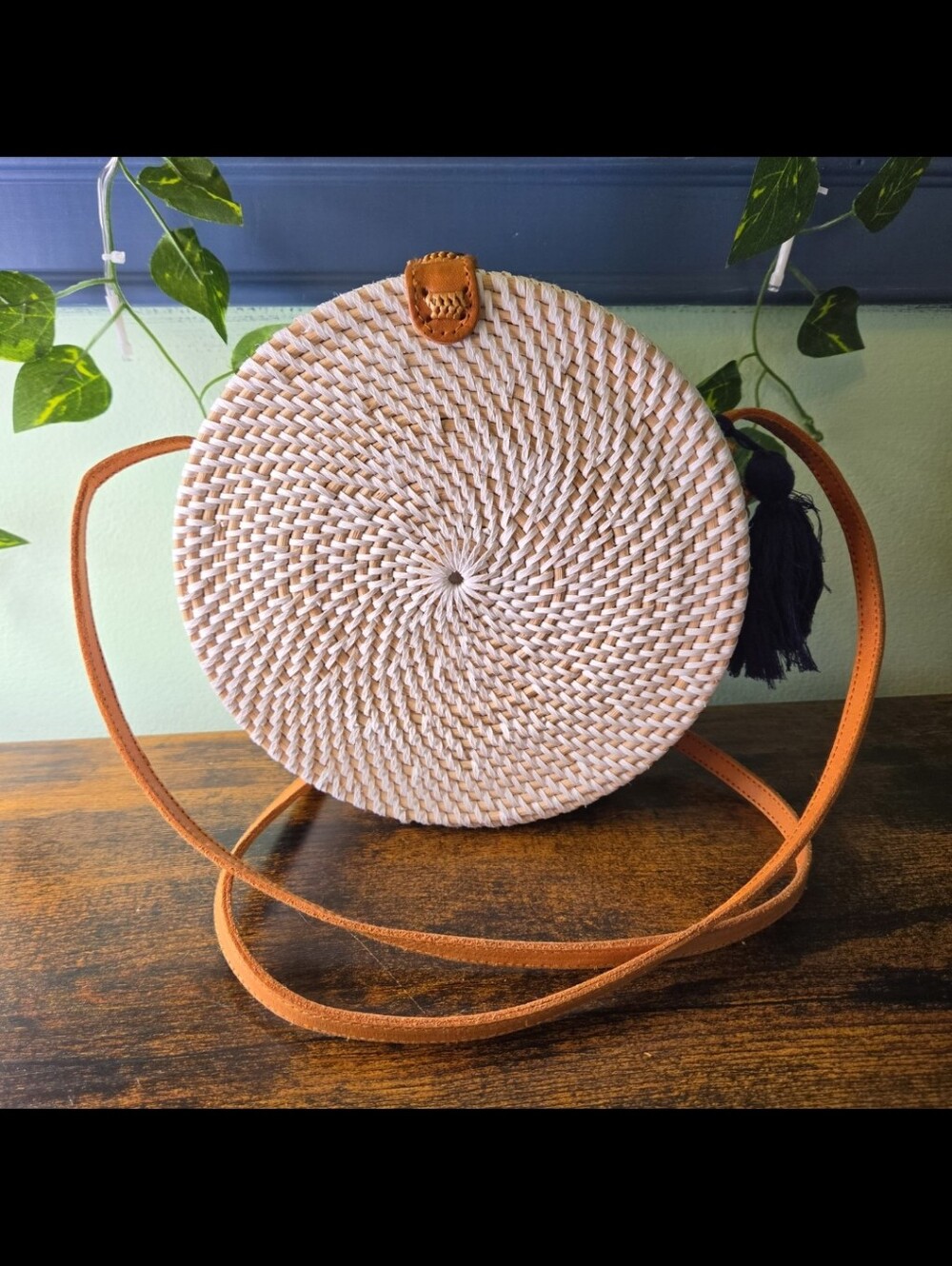 Handwoven Round Bamboo Crossbody Bag White Tan Bali Indonesia Boho NWOT